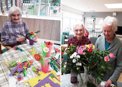 The Old Downs Residential Care Home residents flower arranging and making foam flower crafts