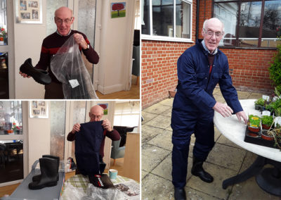 Resident in new overalls and boots at The Old Downs Residential Care Home