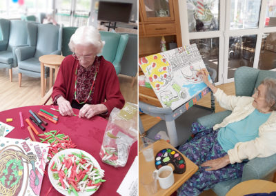 Residents necklace making and painting with an Italian theme at The Old Downs Residential Care Home