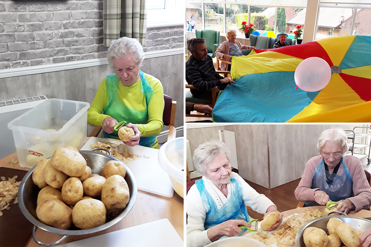 The Old Downs Residential Care Home residents enjoying parachute games and peeling potatoes