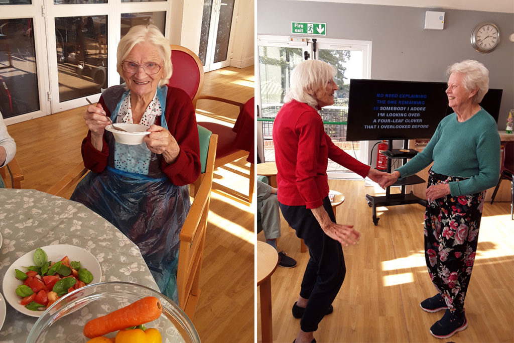 The Old Downs Residential Care Home resident eating a salad and others dancing during a karaoke session