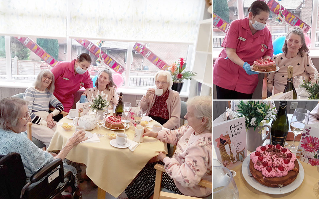 Cake and fizz for Pat’s birthday at The Old Downs Residential Care Home