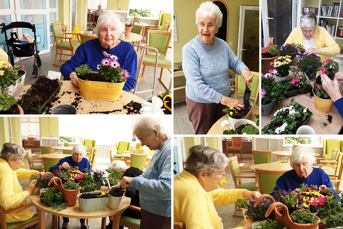 Basket planting and relaxing pastimes at The Old Downs Residential Care Home