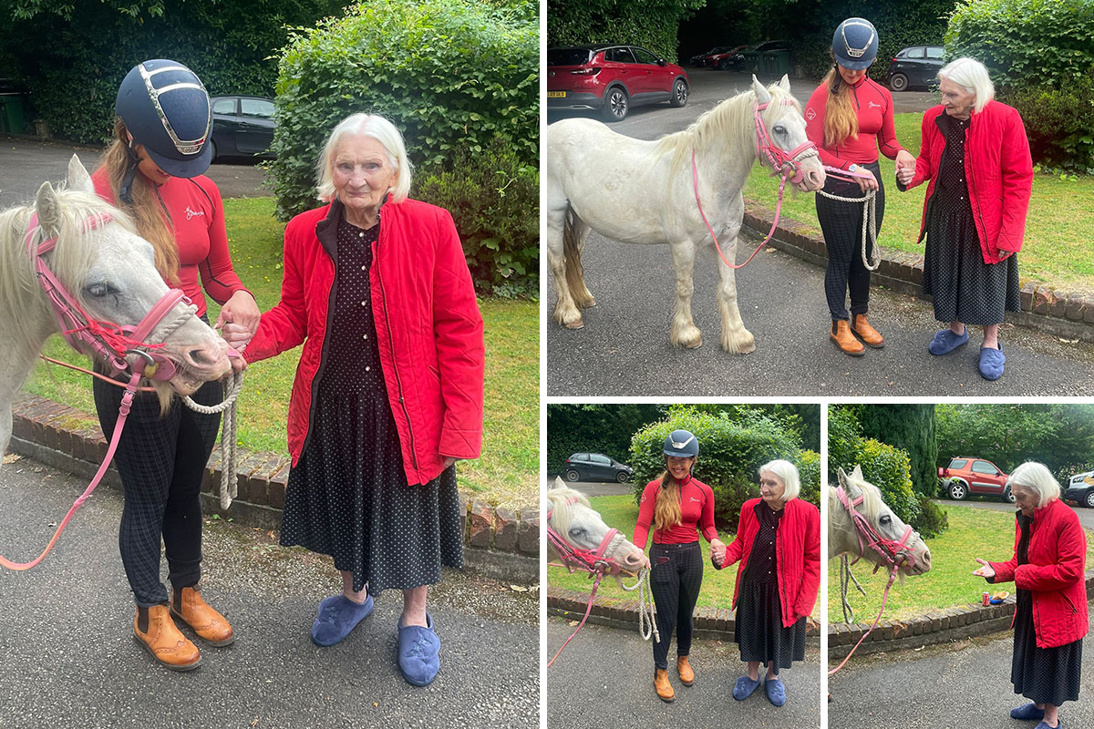 Lady resident on her 100th birthday enjoying a pony visit at The Old Downs Residential Care Home