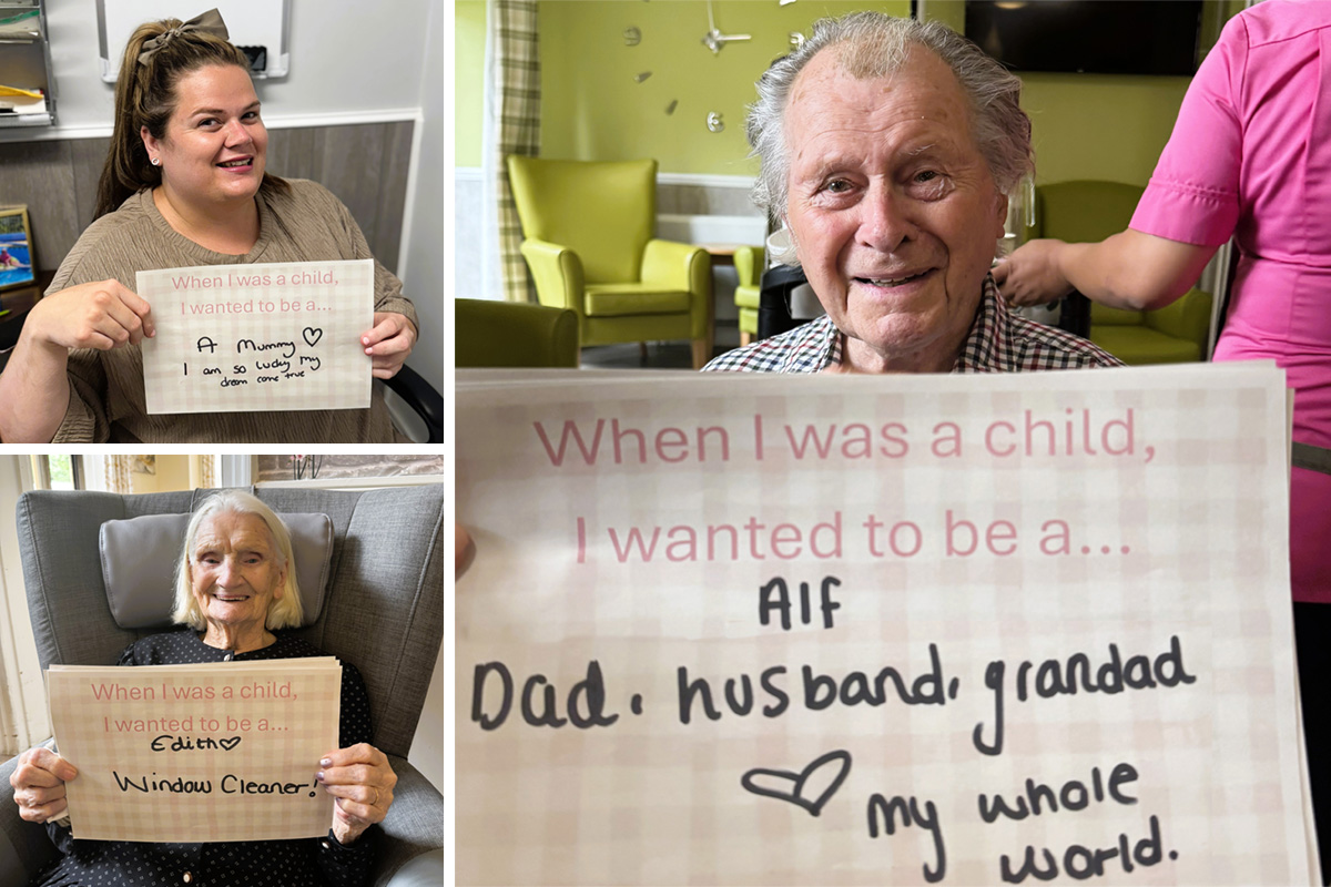  Three residents from The Old Downs Residential Care Home holding up handwritten signs sharing their childhood dreams. One sign reads "When I was a child, I wanted to be a Singer," another says "When I was a child, I wanted to be a Swimmer," and the third reads "When I was a child, I wanted to be a Hair Dresser."