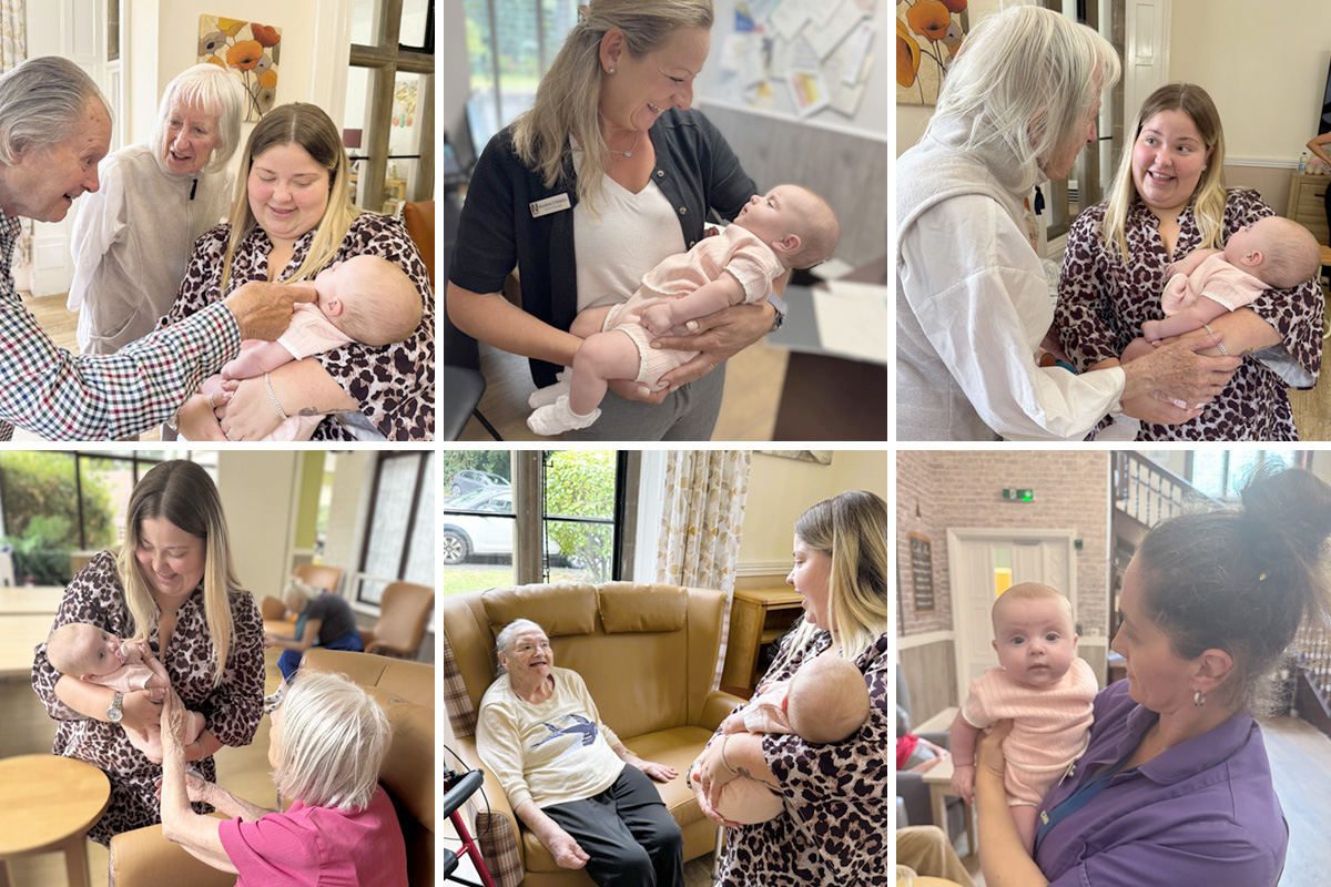  A collage of heartwarming moments at The Old Downs Care Home showing residents and team members meeting a baby. Smiles and gentle interactions capture the joy of welcoming the newest little visitor.