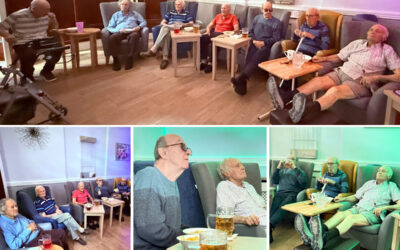 A collage of residents at The Old Downs Residential Care Home enjoying Lad’s Club. The men are seated in the lounge with pints of beer, snacks, and soft lighting, watching a film together. They are smiling, chatting, and relaxing with one another in a friendly atmosphere.