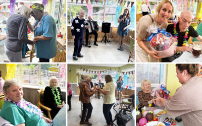 Residents, staff, and entertainers celebrate at The Old Downs summer party with music, dancing, colourful garlands, and a raffle of gift hampers.