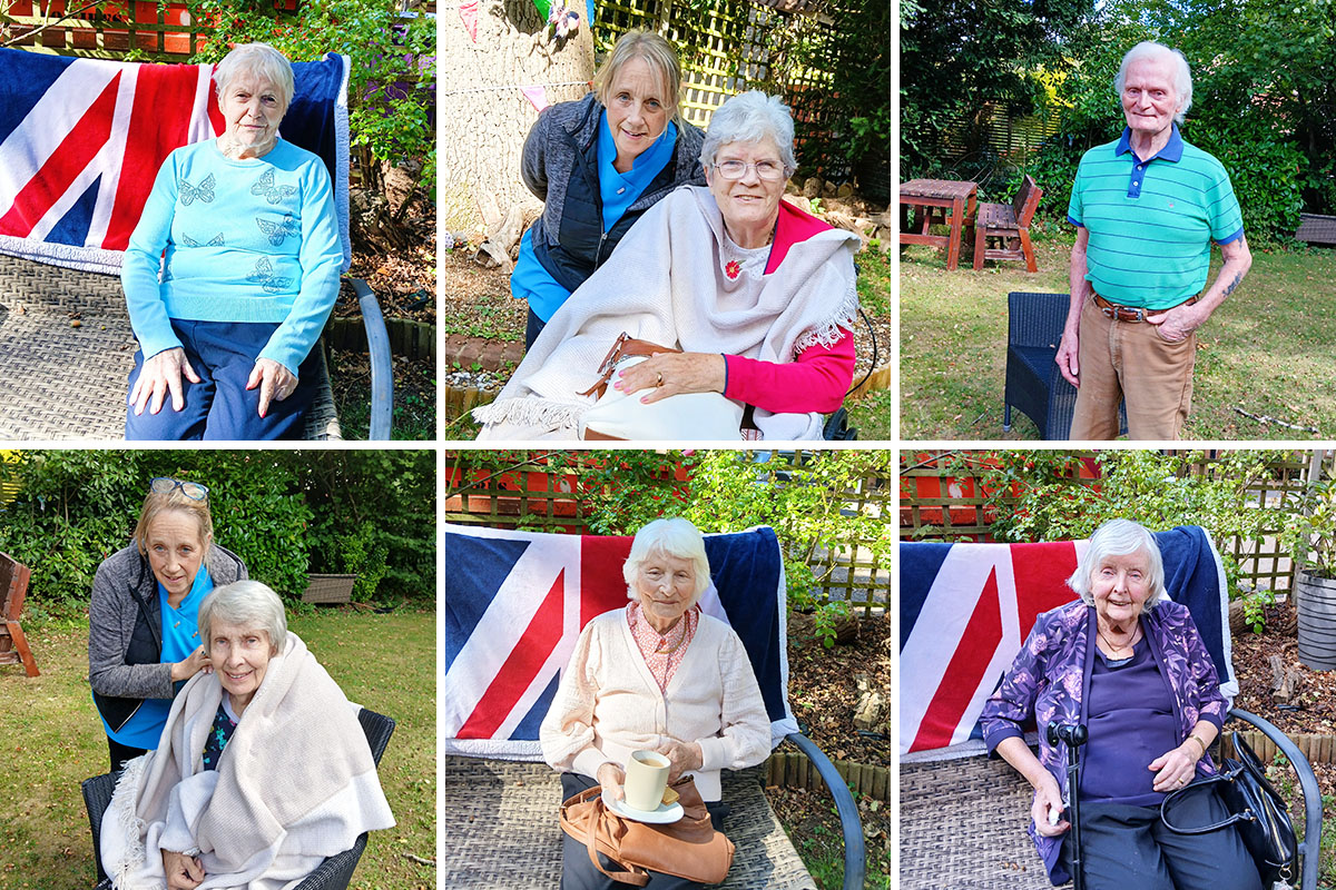 Our residents at The Old Downs Residential Care Home enjoying the autumn sunshine outdoors, wrapped up warm and surrounded by colourful leaves.