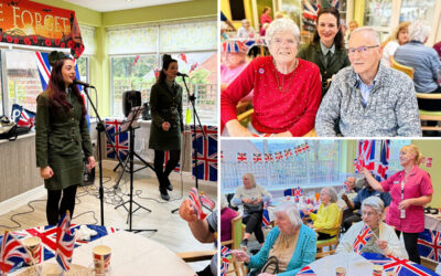 Residents at The Old Downs Residential Care Home waving flags and enjoying the D-Day Dollies’ 1940s-themed songs for Remembrance Day.