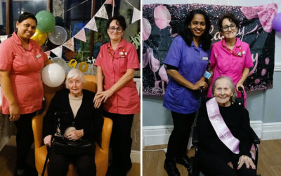 Two lady residents at The Old Downs Residential Care Home celebrating their 90th birthdays, pictured with team members, decorations and balloons.