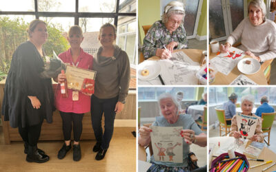 Residents at The Old Downs Residential Care Home enjoying St Andrew’s Day colouring activities and crafts, alongside team members celebrating Healthcare Assistant Teresa as Employee of the Month for November.