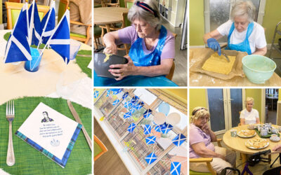 Residents at The Old Downs Residential Care Home enjoying Burns Night celebrations, with Scottish-themed dining room decorations and a themed Cooking Club to make shortbread.