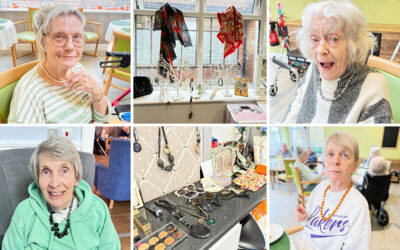 The Old Downs Residential Care Home pop-up shop displays and lady residents showing off their jewellery finds.